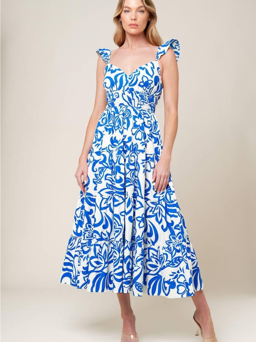 NWT Blue & White Floral Midi Dress with Ruffle Straps